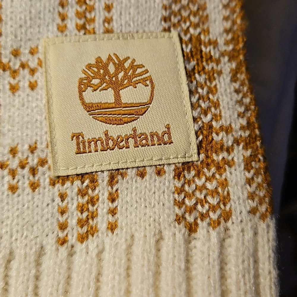 Timberland Cream Gold Small Print Plaid Knit Winter Scarf